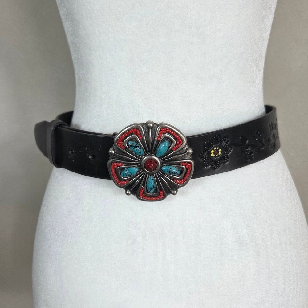 Southwestern Black Floral Embossed Leather Turquoise & Red Concho Buckle small